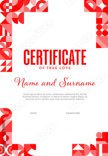 Certificate template with valentines day geometric shapes. Vector stylish layout, certificate of true love featuring a bold red and white abstract patterns on the corners, and an elegant script font