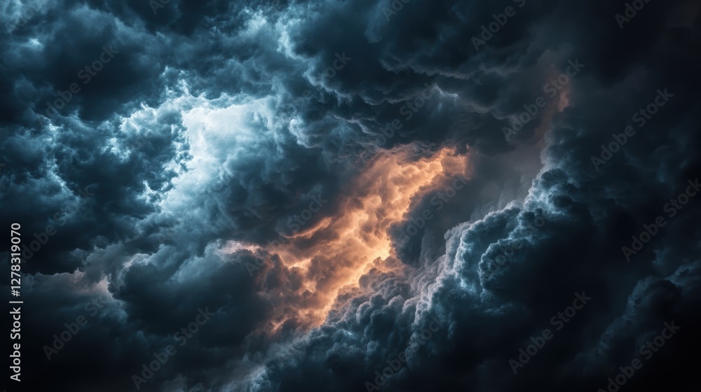 Dramatic thunderclouds illuminated by a fiery glow against a darkened sky, creating a striking contrast of light and shadow. Dramatic thunderclouds illuminated by a fiery glow against a darkened sky, creating a striking contrast of light and shadow.