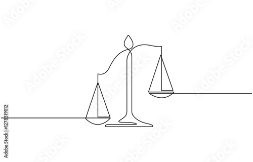 Line drawing of the balance of law and the scale of justice, One continuous line drawing of law balance and scale of justice. Symbol of equality and concept court and logo firm in simple linear style.