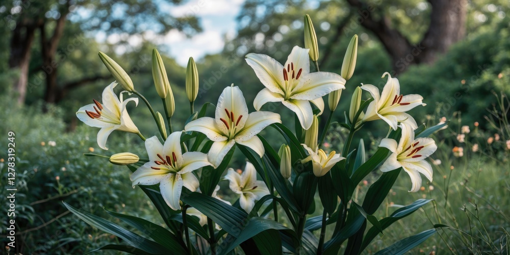 Elegant Lily Flowers Surrounded by Lush Greenery with Space for Text Overlay in Bright Natural Environment Elegant Lily Flowers Surrounded by Lush Greenery with Space for Text Overlay in Bright Natural Environment