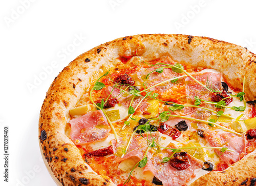 Delicious gourmet pizza topped with ham and herbs photo