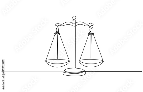 Line drawing of the balance of law and the scale of justice, One continuous line drawing of law balance and scale of justice. Symbol of equality and concept court and logo firm in simple linear style.
