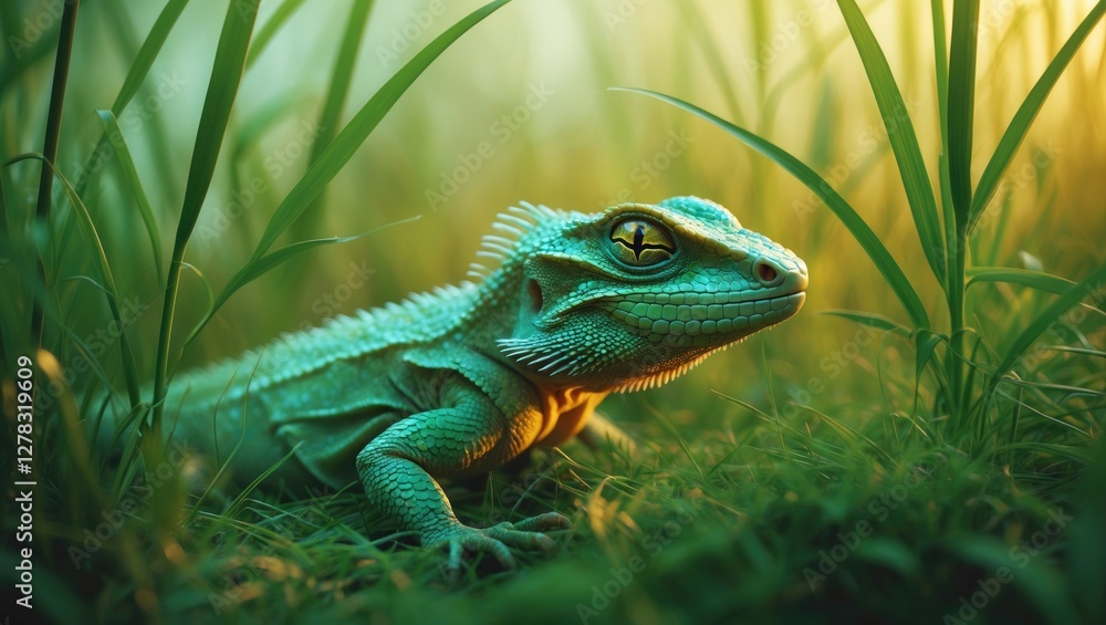 Fototapeta premium Macro Shot of a Vibrant Green Lizard Resting Among Lush Grass Bathed in Soft Golden Light in a Serene Natural Setting