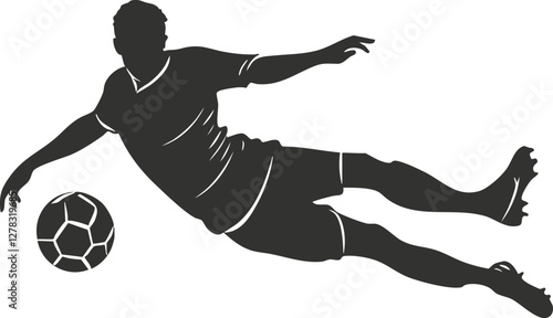 Silhouette of a soccer player kicking a ball in mid-air action.