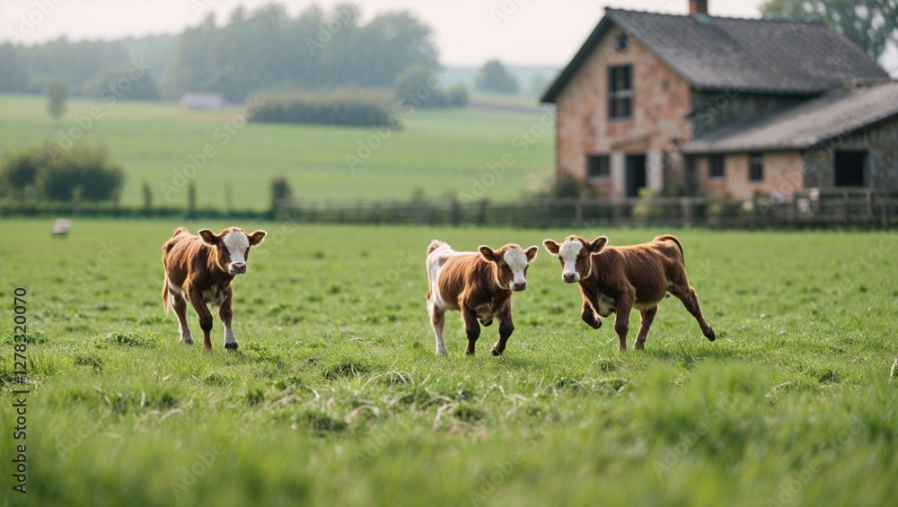 Calves frolicking in a meadow with a large farmhouse in the background, capturing the charm of rural spring life Calves frolicking in a meadow with a large farmhouse in the background, capturing the charm of rural spring life