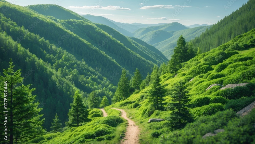 Naklejka premium Serene Mountain Landscape with Lush Green Forests and Snaking Pathway Through Rolling Hills Under a Clear Blue Sky. Copy Space Available.