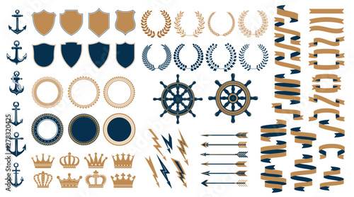 Marine navy heraldic elements. Vector ship anchors, nautical wheels and helms, vintage shields, laurel wreaths and round seal frame borders. Heraldry ribbon banners, crowns, arrows and lightning bolts