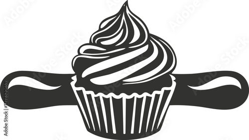 Monochrome illustration of a cupcake with a rolling pin design.