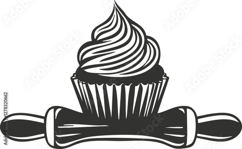 Black and white cupcake icon with a rolling pin illustration.