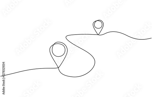 Continuous single line drawing of path and location pointers, Vector illustration of two geolocation icons and the distance between them.