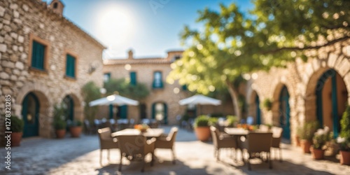 Charming Mallorca Outdoor Scene with Stone Buildings and Greenery in Blurred Bokeh  Perfect for Relaxation with Empty Copy Space for Text