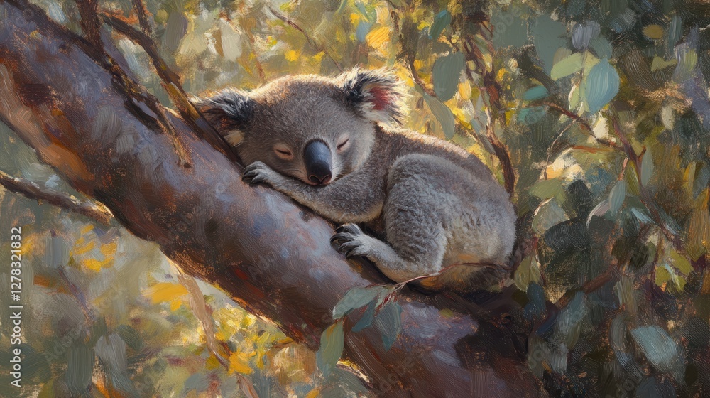 Dreamy Koala Relaxing on a Tree Branch in Lush Green Nature Dreamy Koala Relaxing on a Tree Branch in Lush Green Nature