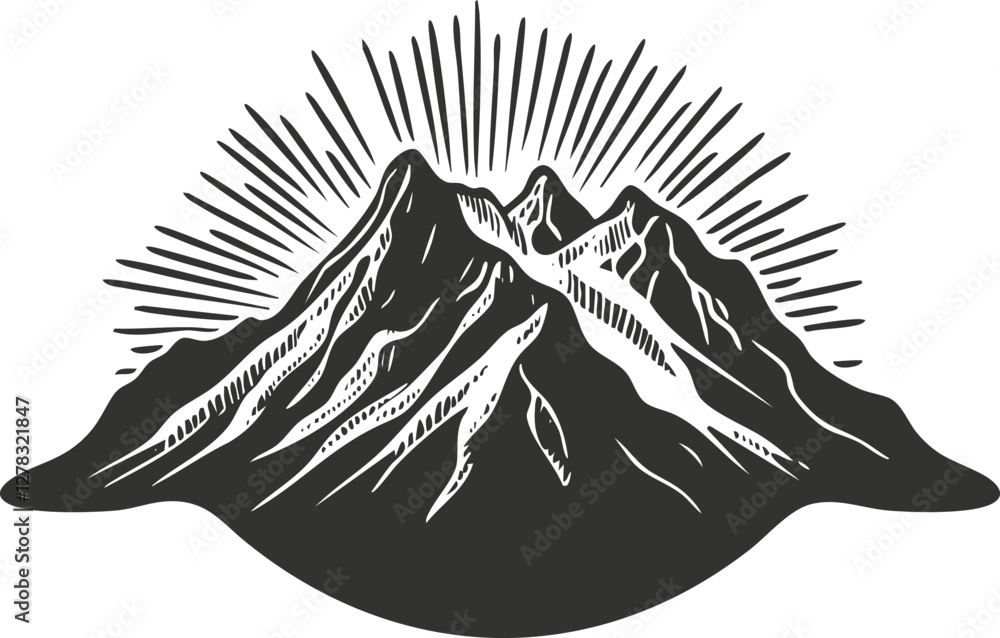 Obraz premium Black and white mountain illustration with sunburst design.