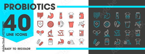Probiotic line icons. Vector intestine bacterias, healthy gut flora and stomach, prebiotic yogurt, lactobacillus, bowel, pills, microflora and microscope outline symbols of medicine and microbiology