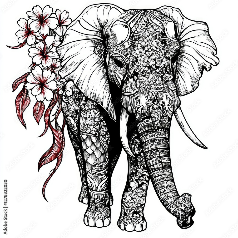 Obraz premium Ornate Elephant with Cherry Blossoms A Detailed Ink Drawing