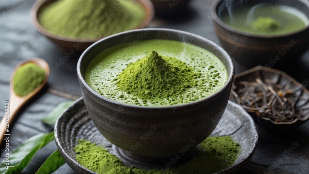 Vibrant matcha tea served in a traditional bowl with powdered matcha and tea leaves on a rustic wooden surface. Vibrant matcha tea served in a traditional bowl with powdered matcha and tea leaves on a rustic wooden surface.