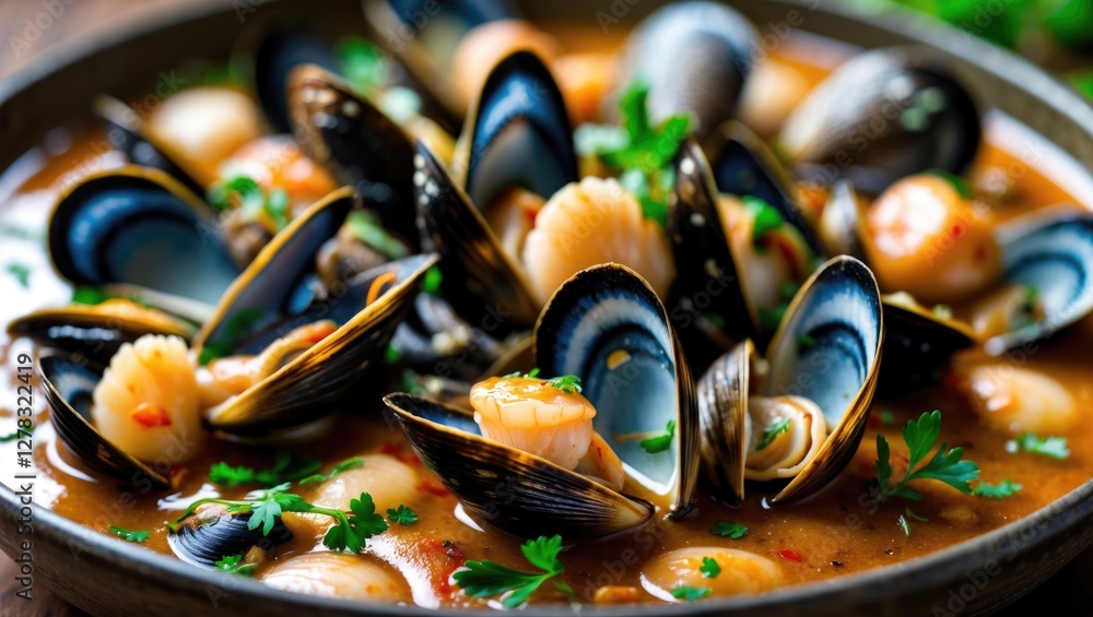 Mediterranean Seafood Dish with Shellfish and Savory Sauce Garnished with Fresh Parsley Mediterranean Seafood Dish with Shellfish and Savory Sauce Garnished with Fresh Parsley