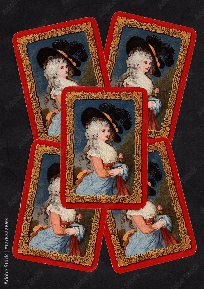 Obraz premium Decorative vintage playing card backs isolated on a black background.
