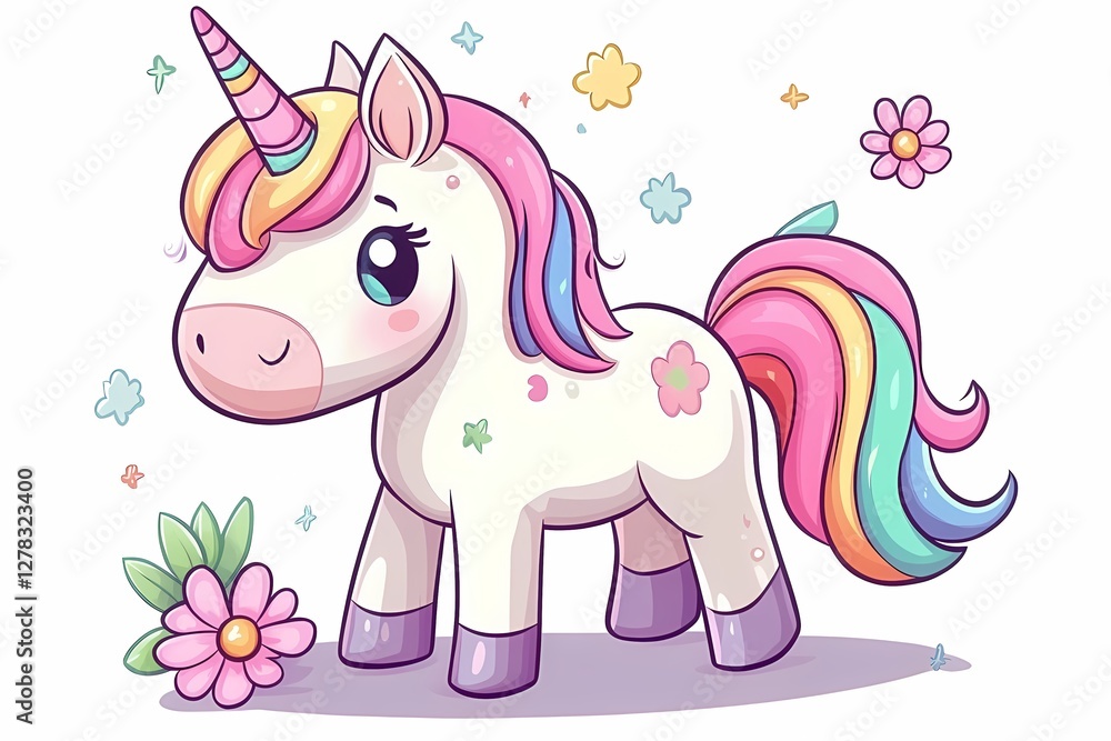 Fototapeta premium Cute magical rainbow unicorn. flat cartoon illustration. kawaii style