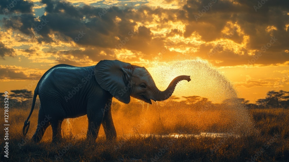 Obraz premium Majestic Elephant Spraying Water at Sunset in African Savanna