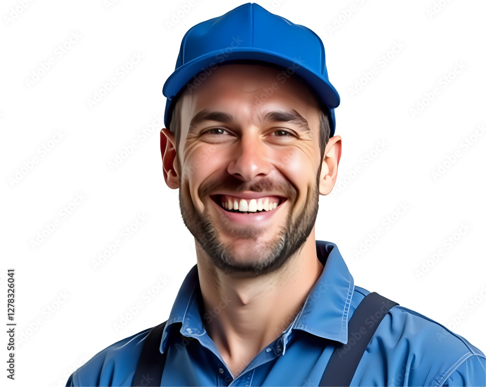 Cheerful Industrial Worker Wearing Safety Helmet on Transparent Background Cheerful Industrial Worker Wearing Safety Helmet on Transparent Background