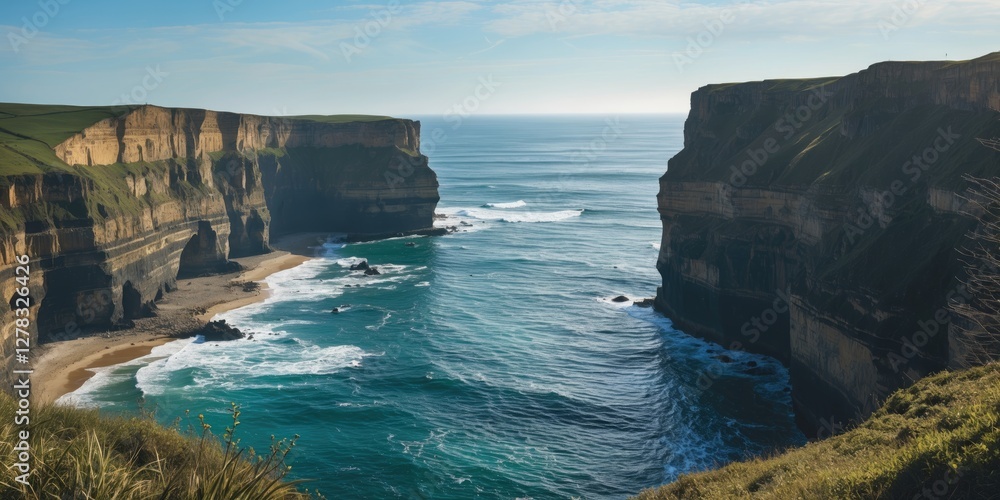 Fototapeta premium Coastal Cliffs and Serene Ocean Waters with Clear Blue Sky and Space for Text Overlay