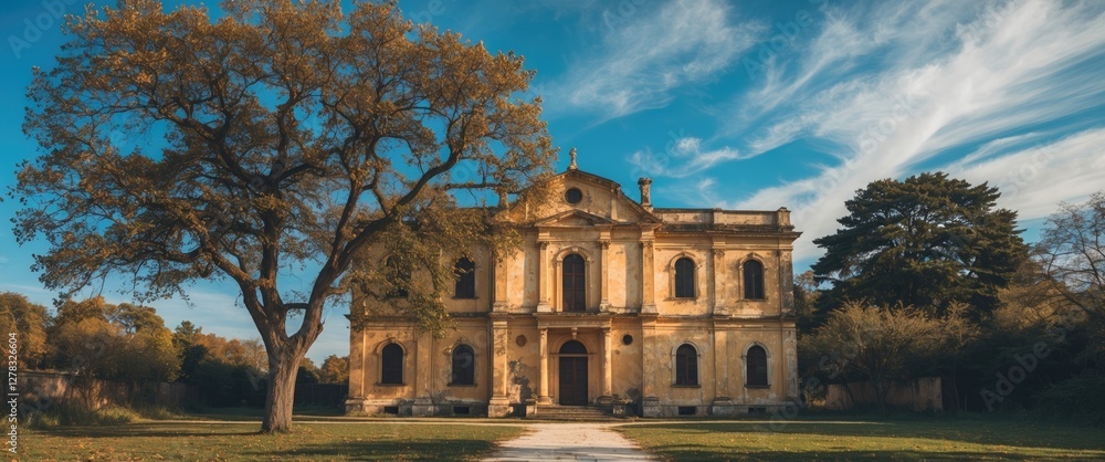 Historic Building Surrounded by Lush Trees Under a Bright Blue Sky in a Serene Natural Landscape Historic Building Surrounded by Lush Trees Under a Bright Blue Sky in a Serene Natural Landscape