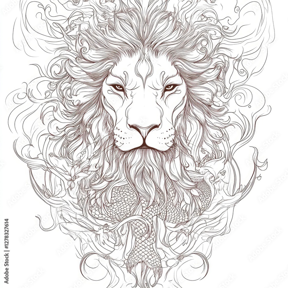 Obraz premium Majestic Lion with Ornate Floral and Aquatic Design A Detailed Line Art Illustration