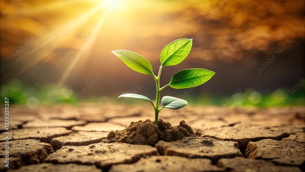Green Seedling Sprouting from Cracked Dry Soil, Symbolizing Growth and Resilience Green Seedling Sprouting from Cracked Dry Soil, Symbolizing Growth and Resilience