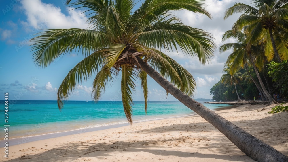 Obraz premium Tropical Palm Tree Leaning Over a Serene Beach with Crystal Clear Water and Lush Greenery in the Background Under a Bright Blue Sky