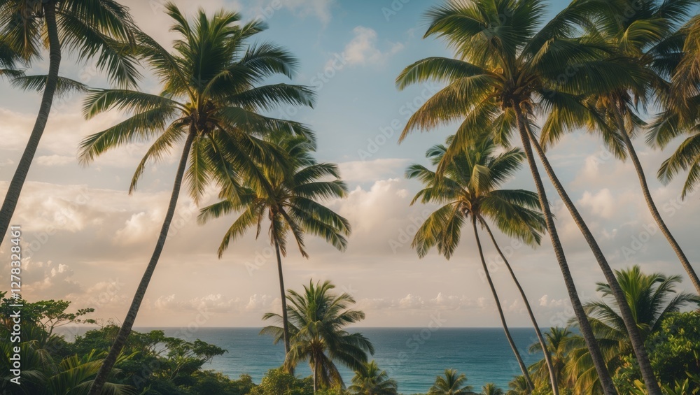 Obraz premium Tropical Paradise with Coconut Palm Trees and Scenic Ocean Horizon Featuring Space for Text and Relaxation Vibes