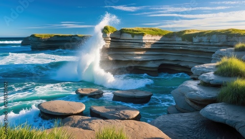 Majestic Coastal Scene with Pancake Rocks and Dramatic Blowholes Against Vibrant Ocean Waves and Clear Blue Sky photo