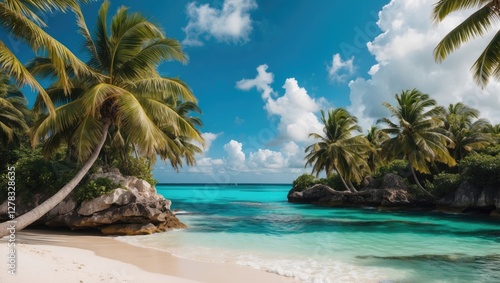 Fototapeta Naklejka Na Ścianę i Meble -  Tropical Paradise with Palms and Turquoise Waters Ideal for Relaxation and Luxury Getaways on a Caribbean Beach in Winter