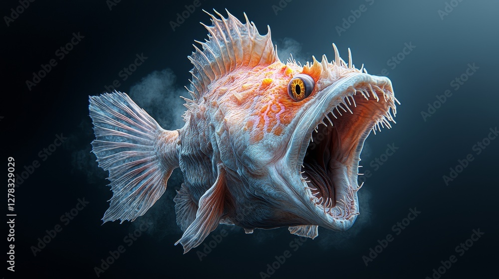 Fototapeta premium Exploring the Mysterious Deep Sea Anglerfish with Its Mouth Wide Open Showcasing Its Bioluminescent Lure in Dark Waters and Fascinating Hunting Techniques
