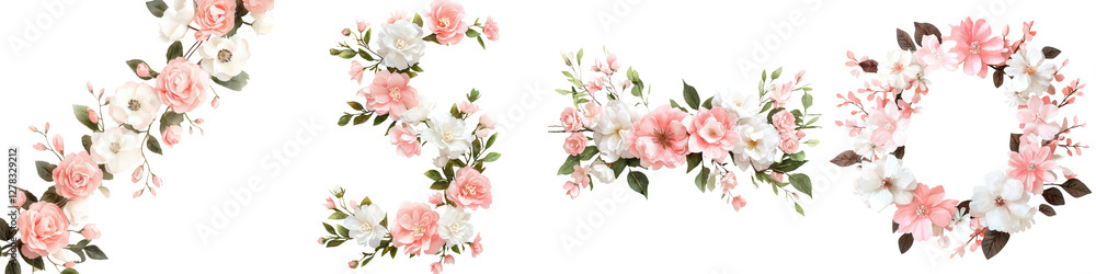 Obraz premium A stunning bouquet of fragrant peonies roses and hydrangeas in soft shades of pink and white artfully arranged with verdant foliage in a classic glass vase