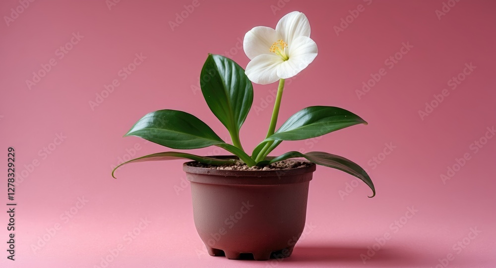 Elegant Paphiopedilum Orchid Plant in Pot Displaying a Single White Flower Against a Soft Pink Background