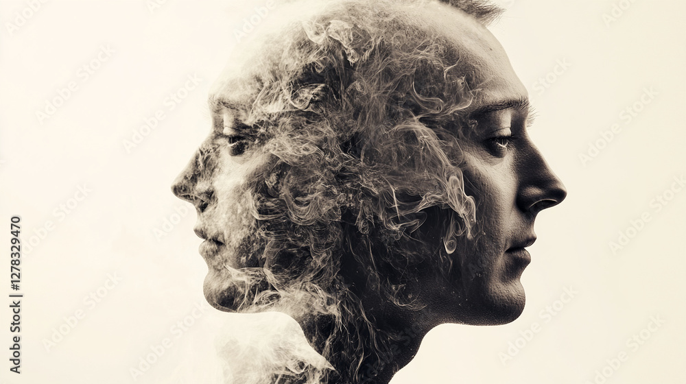 Double Exposure Duality: A layered portrait blending two contrasting emotions Double Exposure Duality: A layered portrait blending two contrasting emotions