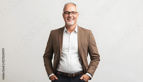 Smiling mature man wearing brown blazer against a plain background