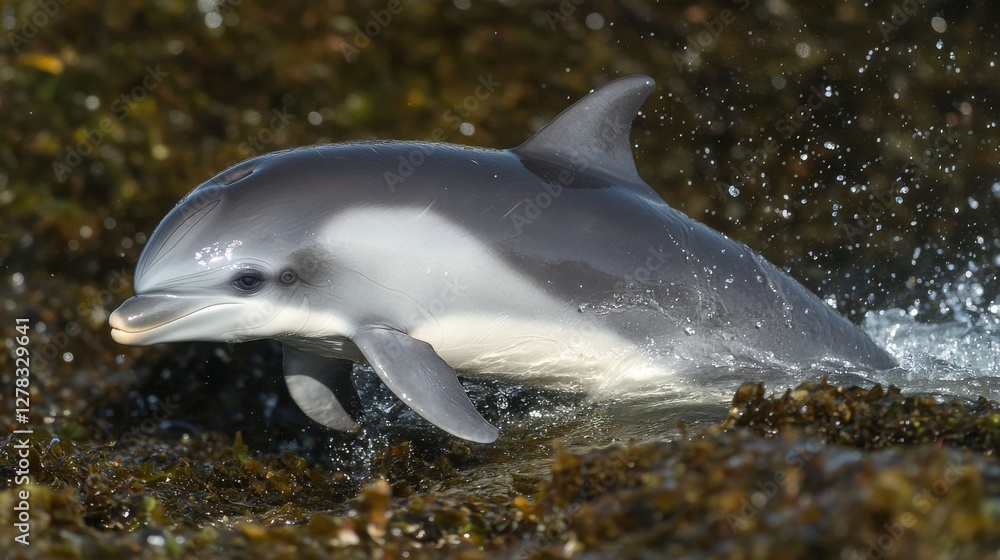 Fototapeta premium Playful Dolphin Splashing Through Shallow Waters of Aquatic Habitat
