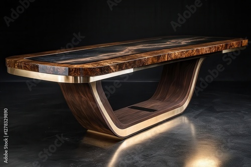 art deco inspired dining table with brass inlays, smoky resin river, exotic wood grain, moody studio lighting photo