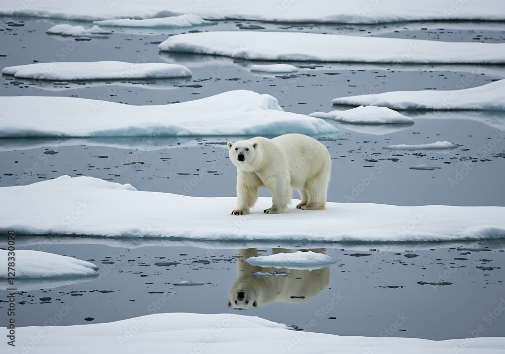 Polar Bear Standing on Ice Floe in Arctic Waters with Reflection Polar Bear Standing on Ice Floe in Arctic Waters with Reflection