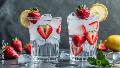 Refreshing summer drinks with strawberries and lemon in glasses, ice cubes, and fresh ingredients against a textured background. photo