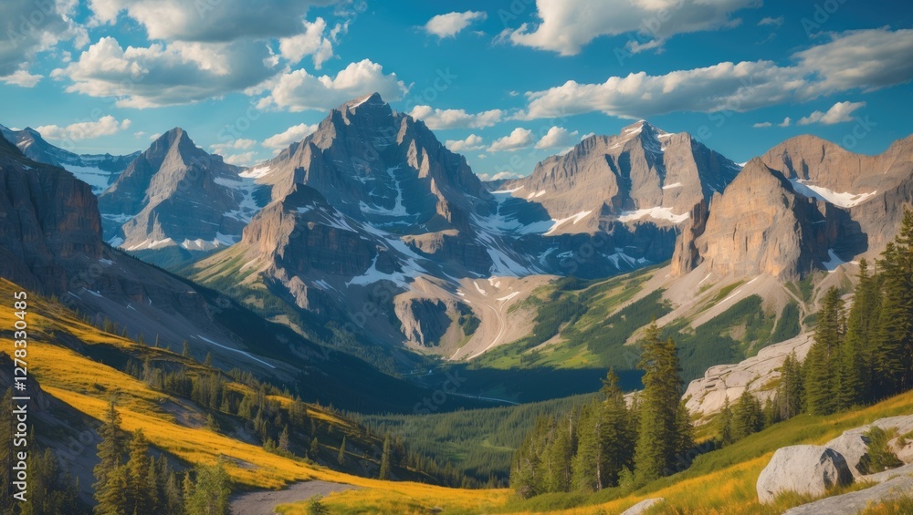 Fototapeta premium Majestic Rocky Mountains Landscape in Summer with Lush Greenery and Clear Blue Skies Perfect for Nature and Travel Themes