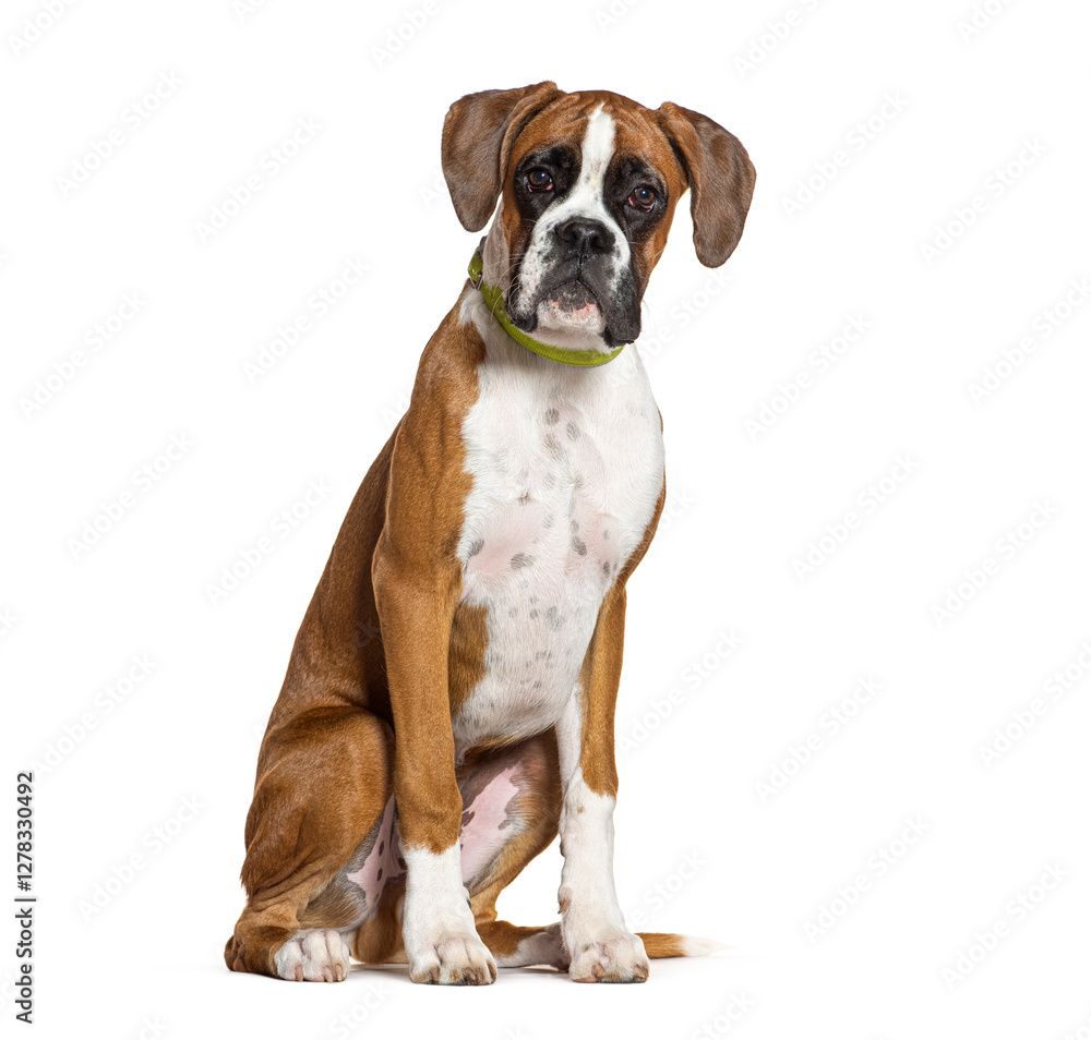 Boxer dog sitting and wearing green collar on white background Boxer dog sitting and wearing green collar on white background