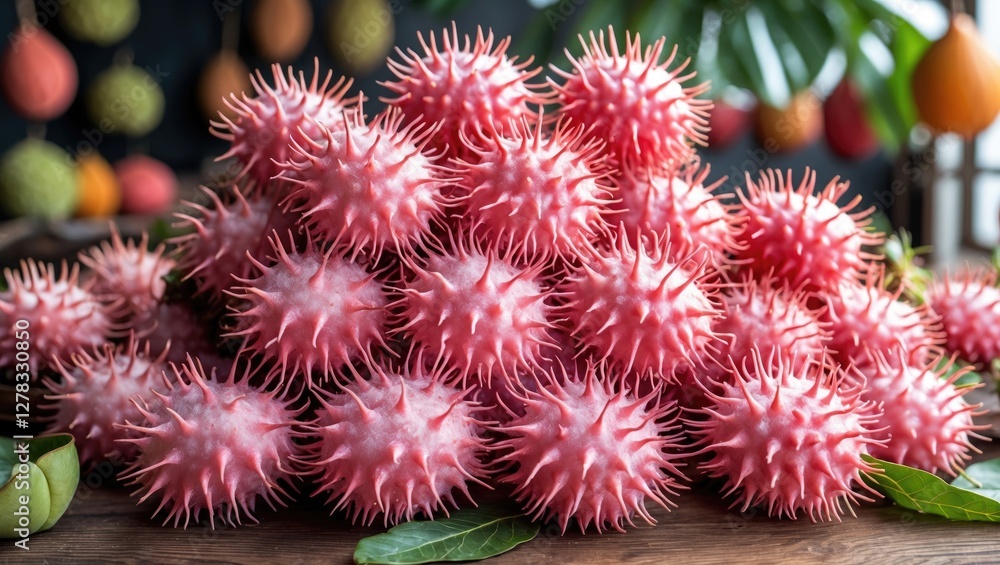 Tropical Rambutan Fruits Piled on Table Fresh Pink Spiky Skin Vibrant Healthy Tropical Produce Background Tropical Rambutan Fruits Piled on Table Fresh Pink Spiky Skin Vibrant Healthy Tropical Produce Background