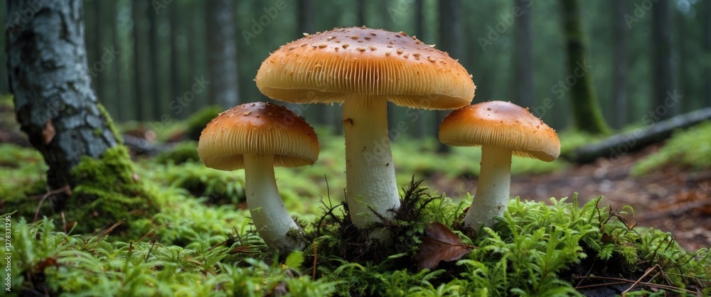 Fototapeta premium Pinewood King Bolete Mushrooms On Vibrant Green Moss Surrounded By Forest With Space For Text Or Graphic Elements