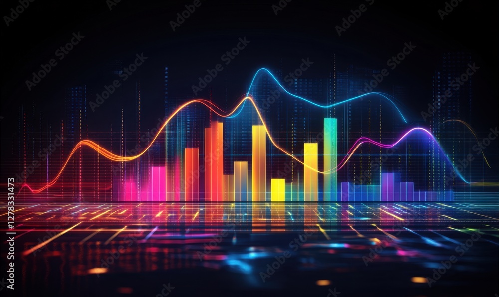 Glowing digital graph with colorful bars on dark background for financial reports Glowing digital graph with colorful bars on dark background for financial reports
