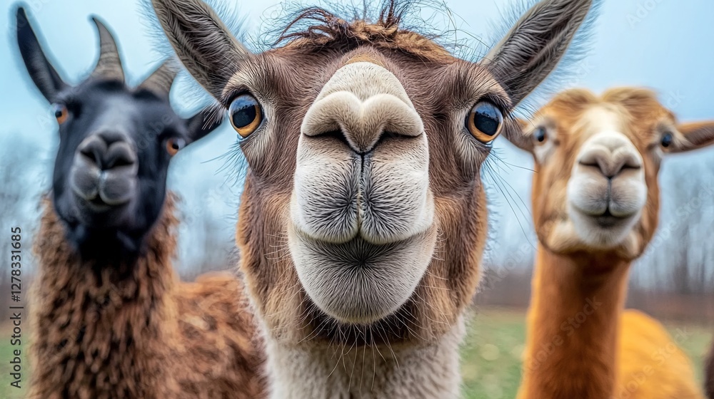 Obraz premium Three goats are standing in a field, one of which is looking at the camera. The other two goats are looking away