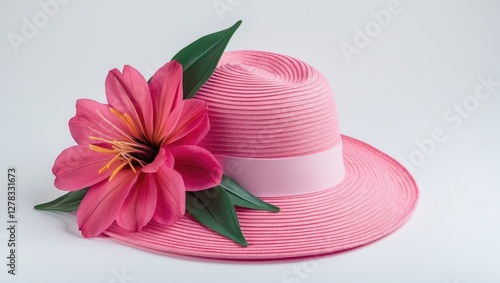 Elegant Pink Sun Hat Decorated with Vibrant Flower and Green Leaves on Clean White Background photo