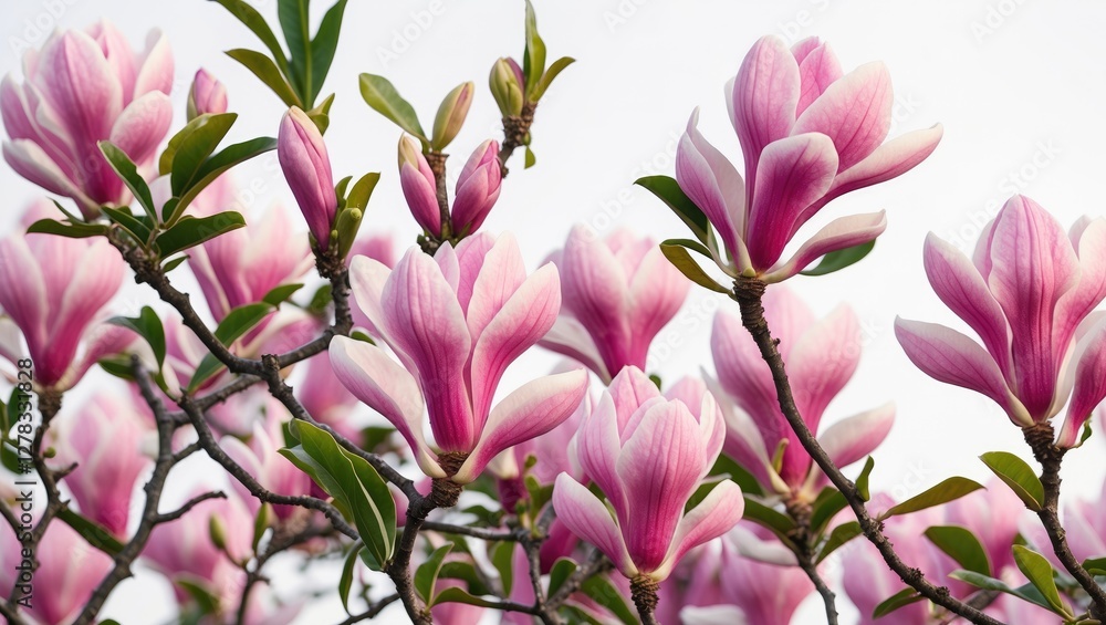 Obraz premium Beautiful Blossoming Pink Magnolia Flowers Against a Light Background